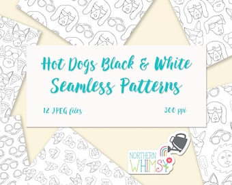 Black and White Dog Digital Papers / "Hot Dogs" Seamless Patterns