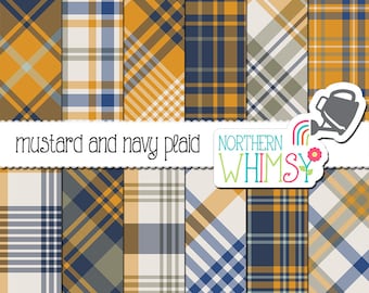 Navy and Mustard Digital Paper - blue and yellow plaid patterns