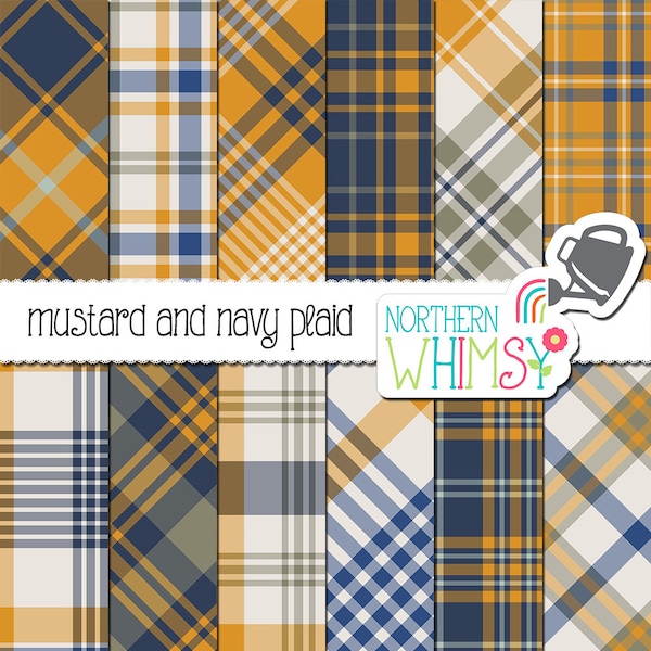 Navy and Mustard Digital Paper - blue and yellow plaid patterns