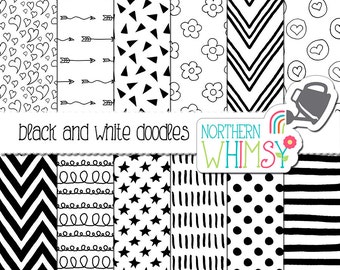 Black and White Digital Paper - Geometric Doodle Seamless Patterns