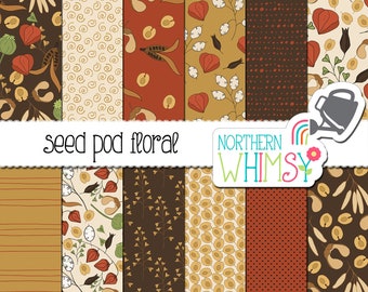 Fall Floral Digital Paper - Seed Pods seamless patterns