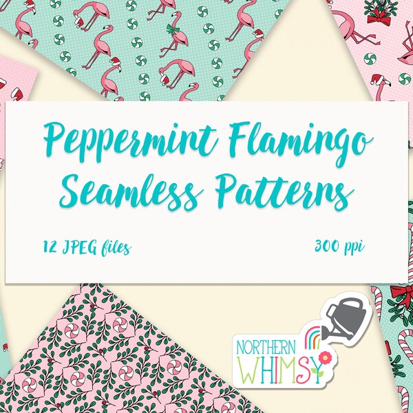 Christmas Digital Paper - Peppermint Flamingos seamless patterns in pink and turquoise