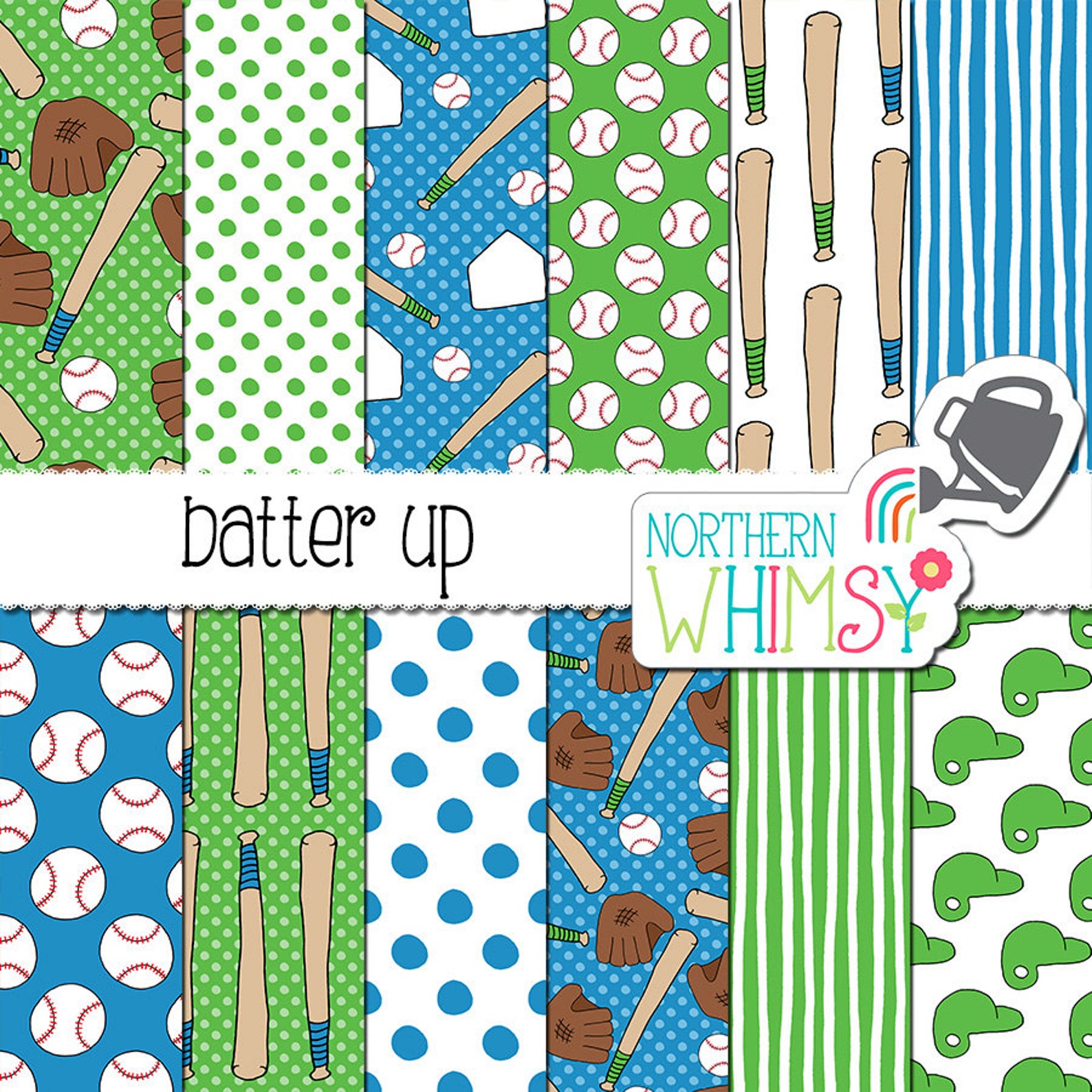 Baseball Digital Paper blue & green boys sports scrapbook Etsy