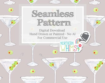 Father's Day Seamless Pattern for Commercial Use - Hand Painted Martinis with Olives