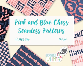 Chess Seamless Patterns - digital papers in pink and navy blue