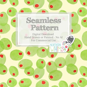Tossed Olive Seamless Pattern for Commercial Use - Hand Painted Pimento Olives - Non Directional
