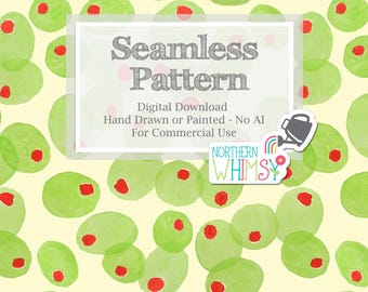 Tossed Olive Seamless Pattern for Commercial Use - Hand Painted Pimento Olives - Non Directional