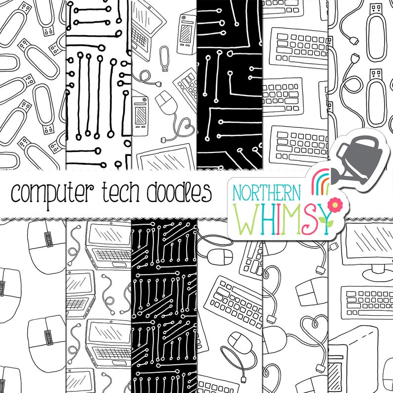 Black and White Computer & Technology Seamless Patterns Etsy