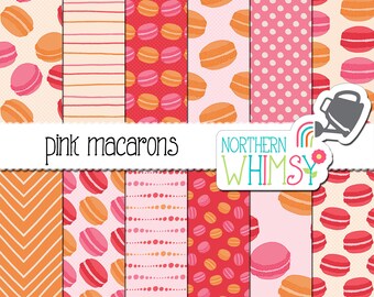 Pink Macarons Seamless Patterns - French cookie digital papers in orange and pink