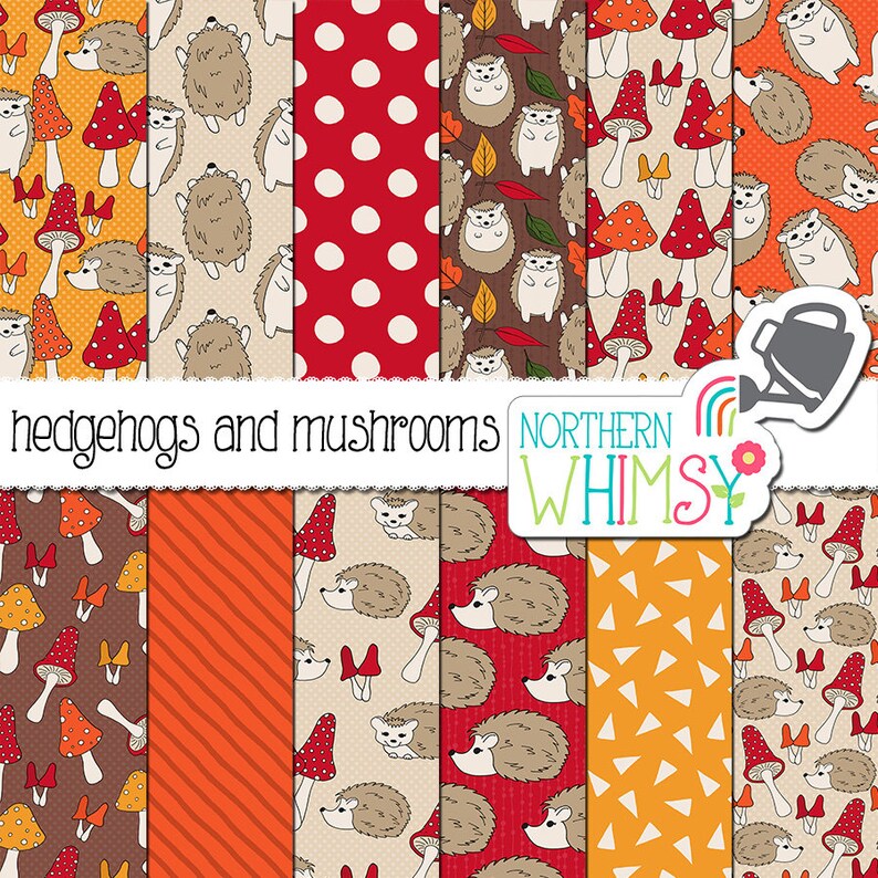 Fall Digital Paper Hedgehogs and Mushrooms seamless patterns image 1
