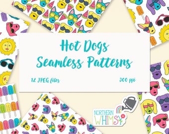 Summer Dog Digital Paper / "Hot Dogs" Seamless Patterns