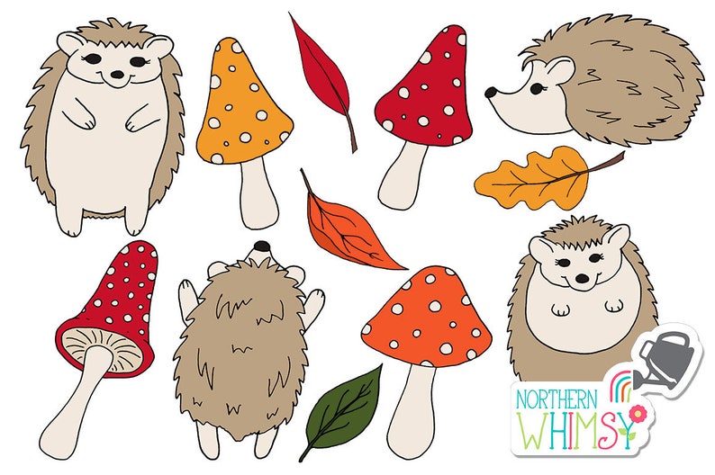 brown and gold commercial use CU OK orange Fall Clip Art hand drawn autumn hedgehog and mushroom illustrations in deep red