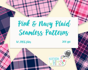 Pink and Navy Digital Paper - diagonal plaid seamless patterns