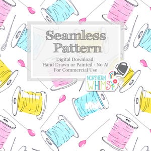 Sewing Seamless Pattern in Yellow, Pink, and Blue for Commercial Use - Hand Drawn Needles & Thread!
