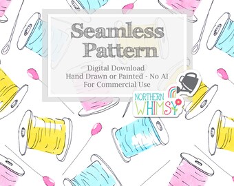 Sewing Seamless Pattern in Yellow, Pink, and Blue for Commercial Use - Hand Drawn Needles & Thread!