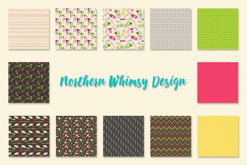 haircut stylist digital paper in pink green /& yellow. Hairdresser Seamless Patterns