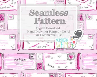 Valentine's Day Seamless Pattern for Commercial Use - Pink and Purple Envelopes, Stamps, and Pens "Be Mine"