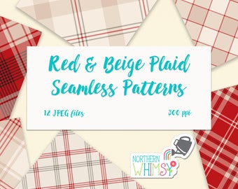 Red and Beige Plaid Digital Paper - diagonal plaid seamless patterns