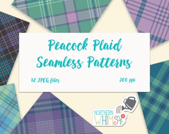 Peacock Plaid Digital Paper - blue green & purple diagonal plaid seamless patterns