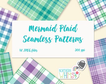 Mermaid Plaid Digital Paper - blue, green, and purple seamless plaid patterns