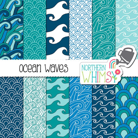Sea Digital Paper Ocean Waves hand drawn Etsy