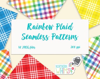 Rainbow Plaid Digital Paper - diagonal plaid seamless patterns