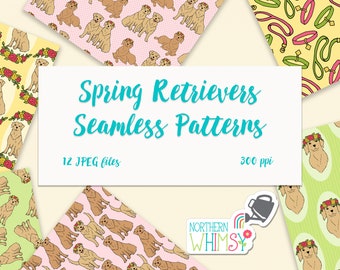 Dog Seamless Patterns - Spring Golden Retriever Digital Paper