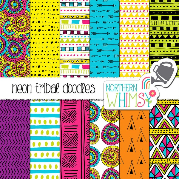 Neon Tribal Digital Paper - seamless hand drawn tribal patterns