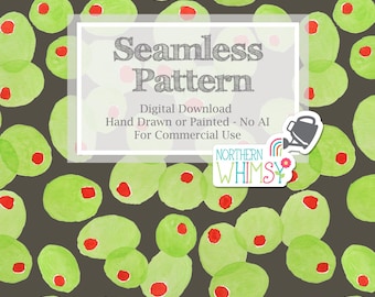 Olive Seamless Pattern for Commercial Use - Tossed Green Olives on Charcoal - Hand Painted!