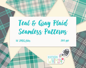 Teal and Gray Seamless Diagonal Plaid Digital Paper