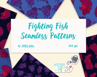 Dark Digital Paper - Midnight Bettas - fighting fish seamless patterns