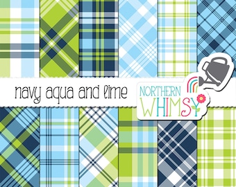 Navy, Aqua, and Lime Digital Paper - Blue and Green Plaid Patterns