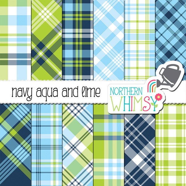 Navy, Aqua, and Lime Digital Paper - Blue and Green Plaid Patterns