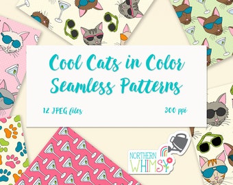 Summer Cat Digital Paper - "Cool Cats" Seamless Patterns