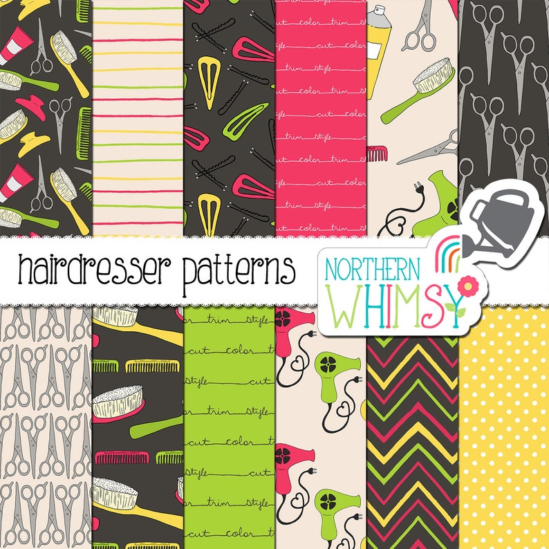 haircut stylist digital paper in pink green /& yellow. Hairdresser Seamless Patterns