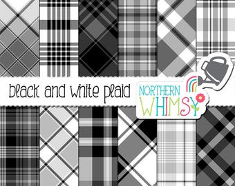 Black and White Digital Paper - Seamless & Diagonal Plaid Patterns