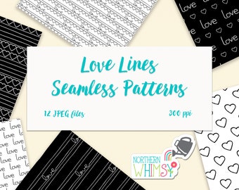 Black and White Valentine's Digital Paper – "Love Lines" seamless patterns