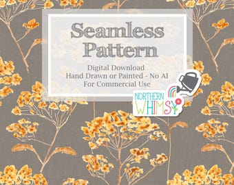 Floral Seamless Pattern in Grey and Gold for Commercial Use - Hand Painted Fall Yarrow