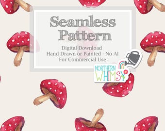 Mushroom Seamless Pattern for Commercial Use - Hand Painted Watercolor Mushrooms