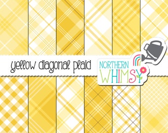 Yellow Plaid Digital Paper - diagonal plaid seamless patterns