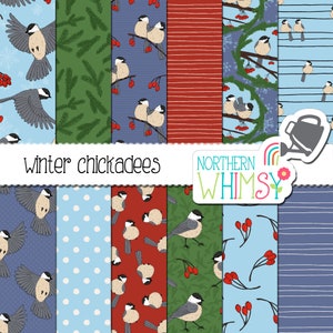 Winter Chickadees Seamless Patterns bird digital papers for crafts image 2
