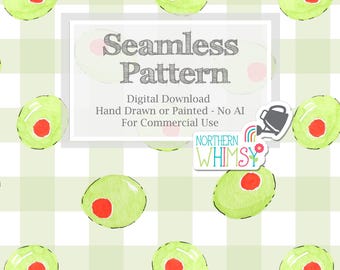 Olive and Gingham Seamless Pattern for Commercial Use - Hand Painted Watercolor Pimento Olives