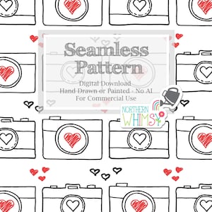 Camera Seamless Pattern for Commercial Use - Black & White (and Red!) Photography Lovers Digital Paper