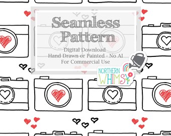 Camera Seamless Pattern for Commercial Use - Black & White (and Red!) Photography Lovers Digital Paper