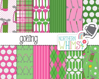 Ladies Golf Seamless Patterns - Digital Paper with Golf Clubs, Balls, etc in pink and green