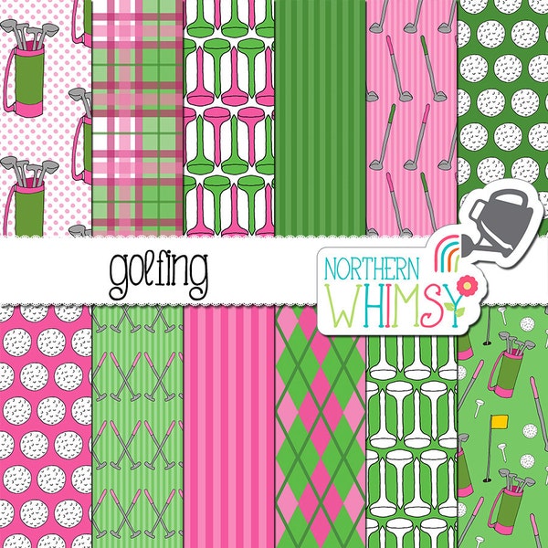 Ladies Golf Seamless Patterns - Digital Paper with Golf Clubs, Balls, etc in pink and green