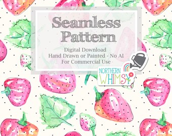 Spring Strawberry Seamless Pattern for Commercial Use - Hand Painted Watercolors