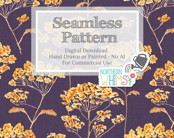 Dramatic Floral Seamless Pattern in Eggplant and Gold for Commercial Use - Hand Painted Fall Yarrow