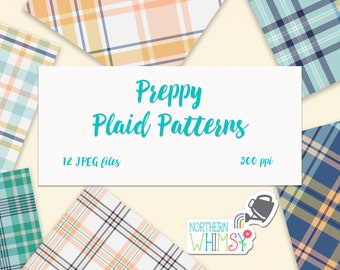 Preppy Plaid Digital Paper – blue, teal, gold, and coral patterns