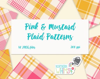 Mustard and Pink Plaid Digital Paper – yellow and bright pink plaid patterns